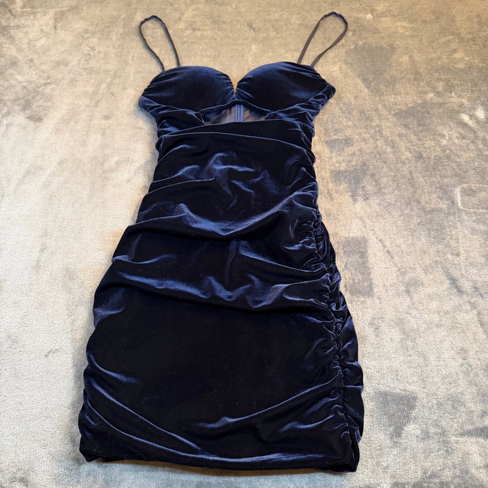 Oh Polly Ruched Velvet Mini Dress Womens US 0 Navy Blue Cut Out Slim Fit